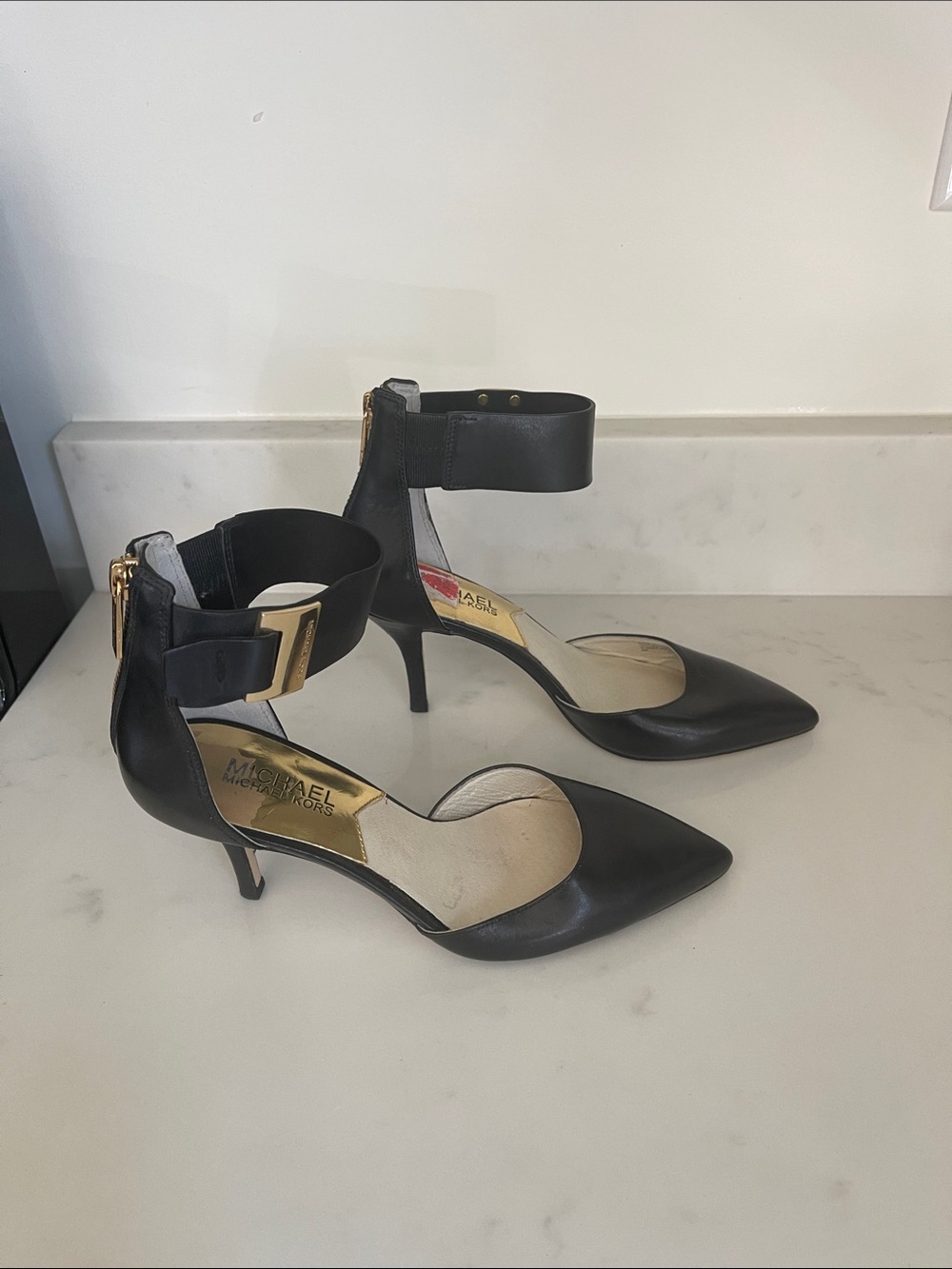 Michael Kors Black Pointed-Toe Ankle-Strap Kitten Heels